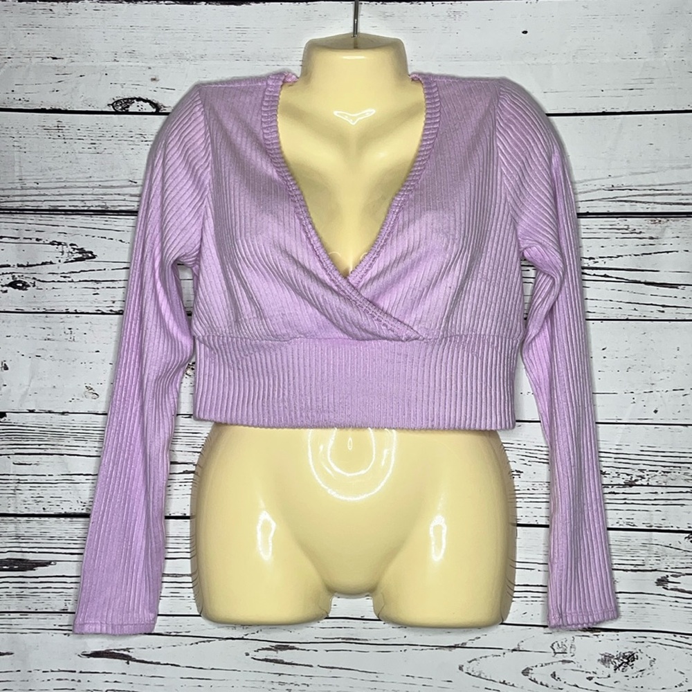 Wild Fable NWT Size L Lavender Purple Surplice V-Neckline Ribbed Crop Top Blouse
